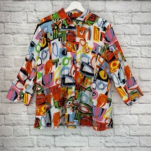 Ali Miles Button Front Vibrant Printed Top Eclectic Lagenlook Whimsical XLP